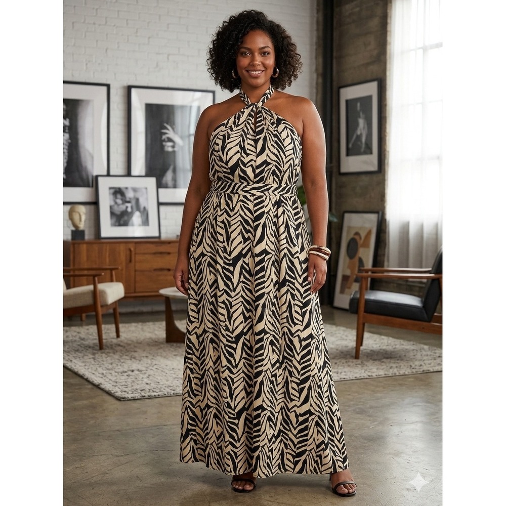 Eloquii Elements Zebra Print Halter Maxi‎ Dress Black Tan Plus Size 18/20